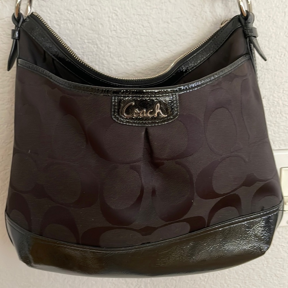 COACH Shoulder Bag Crossbody F19727 Black Canvas Patent Leather